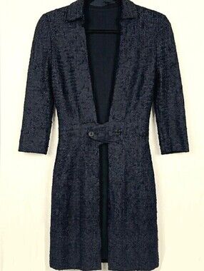 Matte Sequin Knit Blazer Coat Dress Collared Retro Vintage, Navy Blue